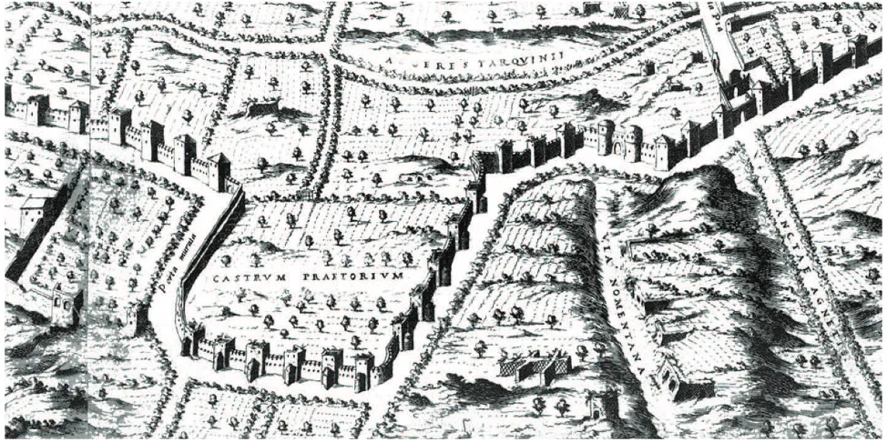 Figure 1. È. Du Perac, Nova Urbis Romae Descriptio, 1577. The Castro Pretorio area is abandoned,  the wall was surrounded to Aurelian towers.