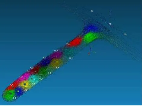 Figure 5. Acquired data of the reference epoch of groyne 31 representing the 15 scan stations by different colour 