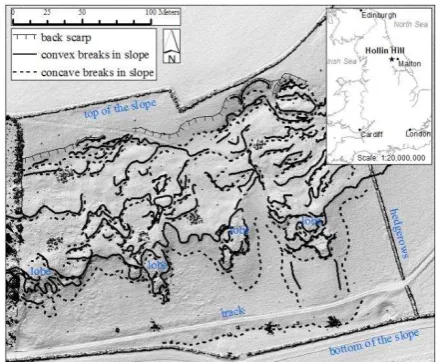 Figure 1. Geomorphological map of Hollin Hill landslide. Inset map locates the site within the UK (Merritt et al., 2014)