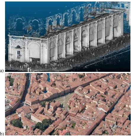 Figure 3: Examples of 3D reconstructions achieved with the evaluated sensors and techniques: portable/handheld 3D scanning (a) and oblique aerial images (b)