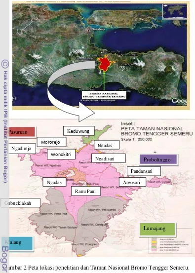 Gambar 2 Peta lokasi penelitian dan Taman Nasional Bromo Tengger Semeru.  