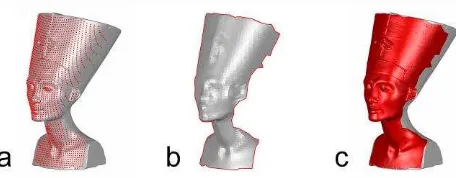 Figure 1. Simulated point cloud (a), triangulated point cloud (b) and projection of the boundary onto the object of interest (c)