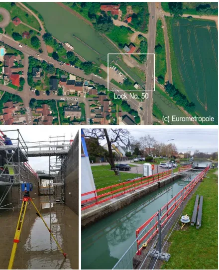 Figure 1. Top: aerial view of lock No. 50 on the Marne-Rhinecanal. Bottom left: view of the lock during maintenance opera-tions and 3D TLS surveying of the chamber; bottom right: afterreﬁlling.