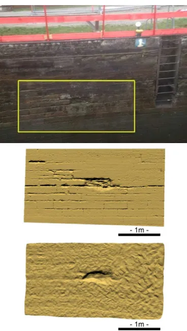 Figure 12. Front views of a piece of sidewall obtained from TLS(top) and MSS (bottom) scans taken upside-down from the watersurface.