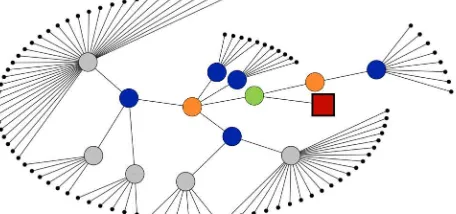 Figure 4: tree-structure of a hundred laser scans (black) registered  consecutively in sub-networks (grey > blue > orange > green), up to referencing to external coordinate system using control points (red square) 