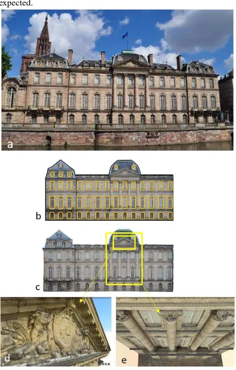 Fig. 8: The LOD for historic model taking a drawing and 3D modelling as example. LOD200 (b-c) represents the historic such as accurate edge, the sculptures in the surface (d) and 3D opening information; LOD400 provides detailed information building facade 
