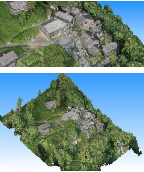 Figure 9. 3D textured model (altimetric model in false colors  according to altimetry (m) in the top; a zoom in the center of the village above; entire area below)  