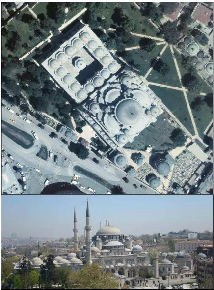 Figure 1. Şehzade Mosque in aerial imagery on top and SW direction façade view.  