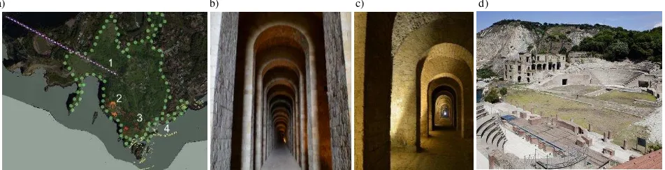 Figure 1: a) The archaeological site of Pausilypon (1: Grotta di Seiano; 2: Theatres area; 3: Other structures covered by vegetation; 4: Structures partially or completely submerged); b-c) Grotta di Seiano; d) Theatres area