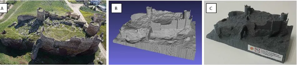 Figure 21. 3D model of the Berrueco Castle. A: aerial Sony NEX5N image from Falcon 8 flight; B: stl file format model