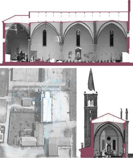 Figure 3. Example of survey of case 1 building. In particular: Chiesa degli Angeli. Above the longitudinal section with the topographic network, on the right a cross section with the bell quasi orthophoto on the background