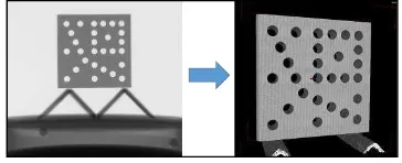 Figure 1: 2D radiograph of the holeplate (on the left) and the reconstructed volume with surface determination 