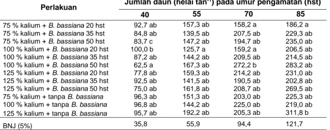 Tabel 1. Rerata Jumlah Daun Per Tanaman Pada Berbagai Kombinasi Kalium dan B. bassiana 