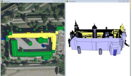 Figure 1. DOP with building ground plans (left) and corresponding laser point cloud of a building in yellow which 