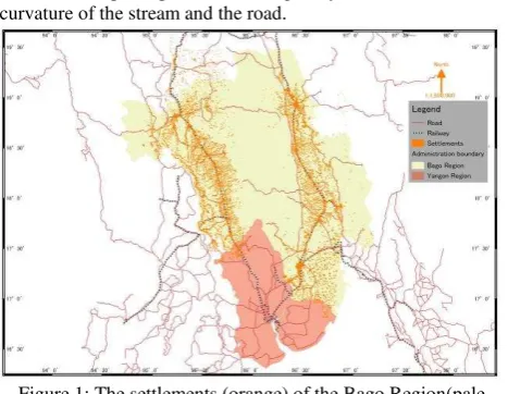 Figure 1: The settlements (orange) of the Bago Region(pale 