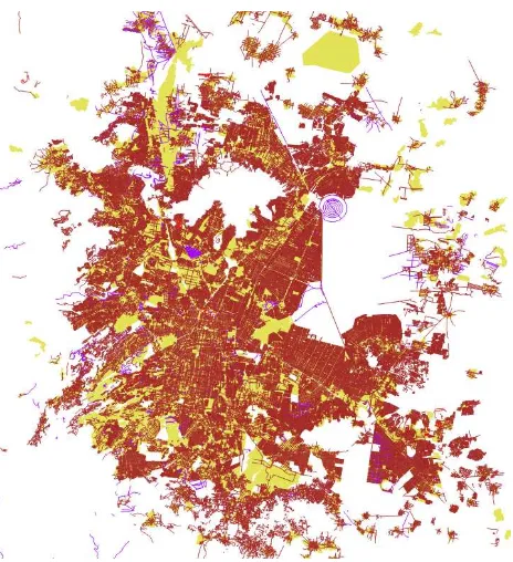 Figure 5. Residential roads of Mexico City (OSM: dark red = “residential”, red = “living street”, violet = “unclassified”; urban-area layer: light green) 