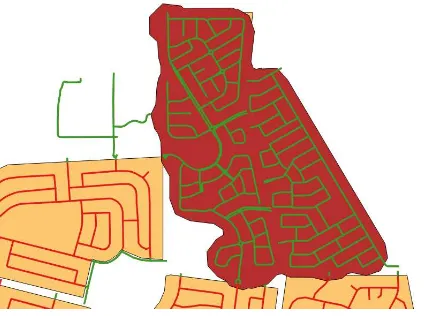 Figure 12. OSM residential roads (red: removed road segments after computing the difference with the resulting polygons of initial buffer distance algorithm 1 [depicted in light orange]; green: remaining roads) and the resulting built-up areas (in brown) computed with an y of 75m and a generalization distance of 5m (area of Darwin, Australia) 