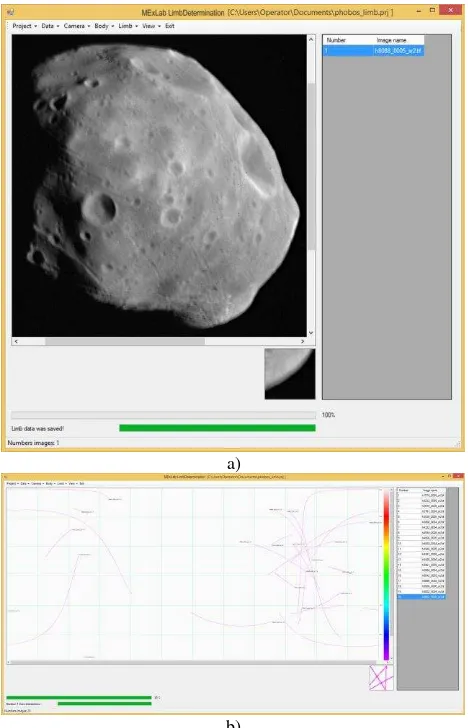 Figure 5. User interface of the module LimbDetermination: a) Mars Express-SRC image of Phobos uploaded for measurements; b) limb profiles as results of Phobos image measurements