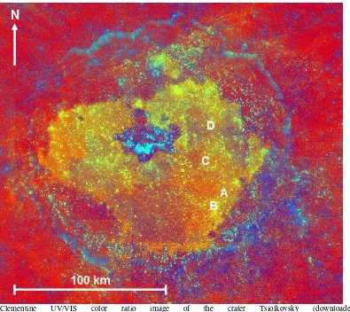 Figure 6. Clementine UV/VIS color ratio image of the crater Tsiolkovsky (downloaded http://www.mapaplanet.org/explorer/moon.html, definition of color channels according to Pieters et al., 1994)