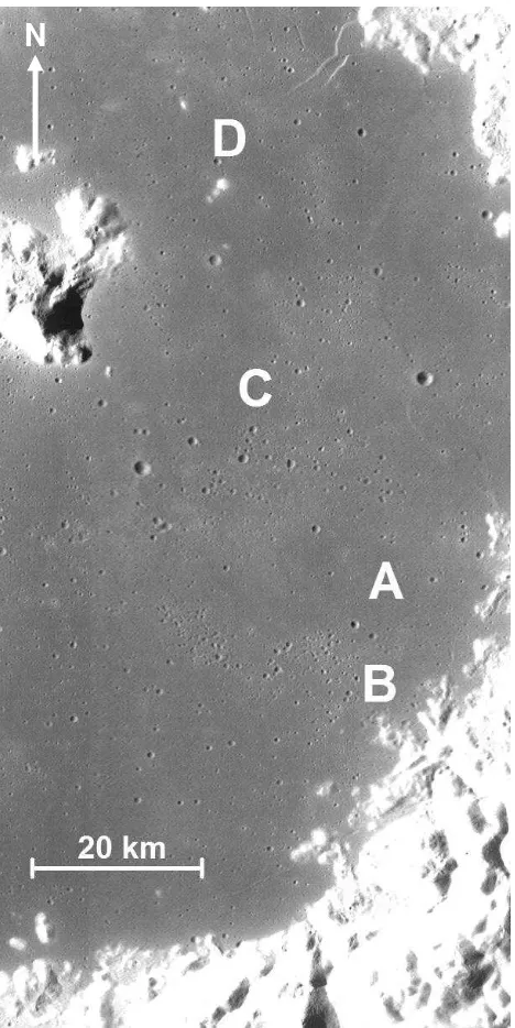 Figure 7. Detailed view of the eastern and southeastern part of Tsiolkovsky. The regions A-D marked in Figures 5 and 6 are indicated