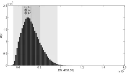 Figure 6: Image histogram with mean (solid line) and median (dotted line) value of the DN
