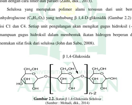 Gambar 2.2.  Ikatan β 1,4-Glukosida Selulosa (Sumber : Mohadi, dkk., 2014) 
