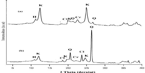 Gambar 2   Difraktrogram sinar-X sampel kaolin alam asal Tatakan                    (a) kaolin hasil preparasi dan (b) kaolin tanpa preparasi 