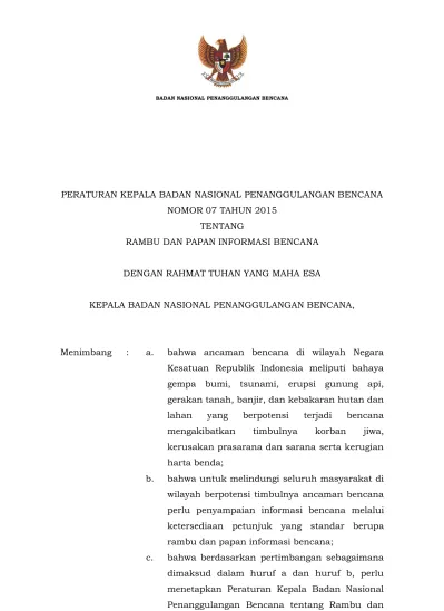 PERATURAN KEPALA BADAN NASIONAL PENANGGULANGAN BENCANA NOMOR 07 TAHUN ...