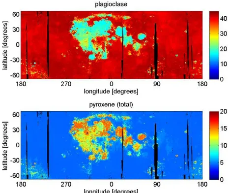 Figure 9. Fractional abundance maps (in percent) of the mineral classes plagioclase and pyroxene (total)