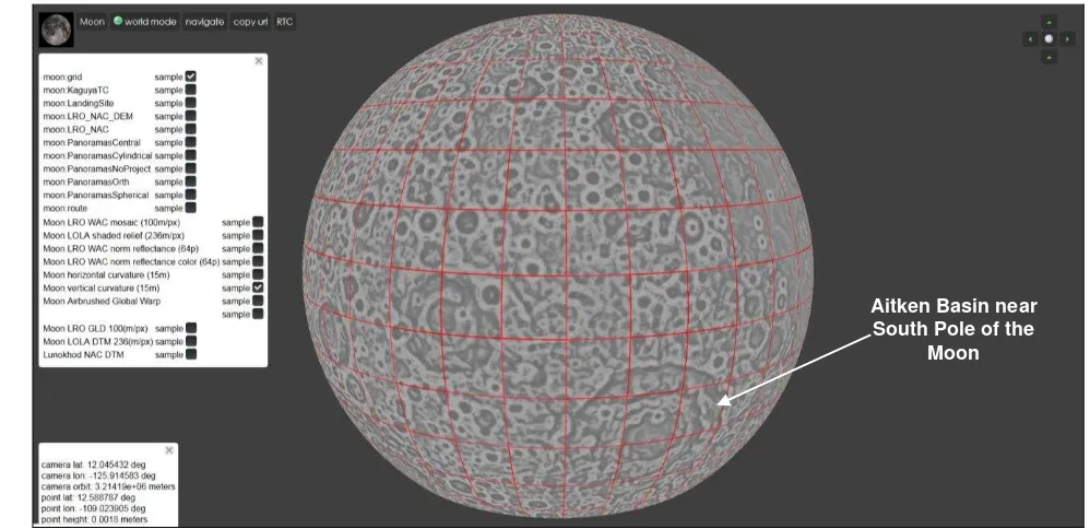 Figure 3. User interface of Virtual morphometric globe of the Moon produced using LOLA DEM (Smith et al., 2010) and demonstrated the values of vertical curvature: minimum -10 (black) and maximum +10 (white)
