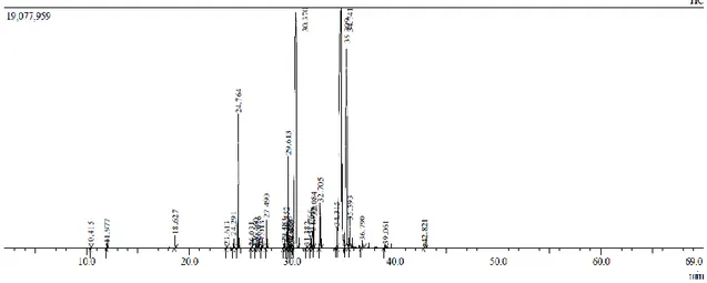 Gambar 3. Kromatogram lemak kambing hasil analisis GCMS QP 2010 