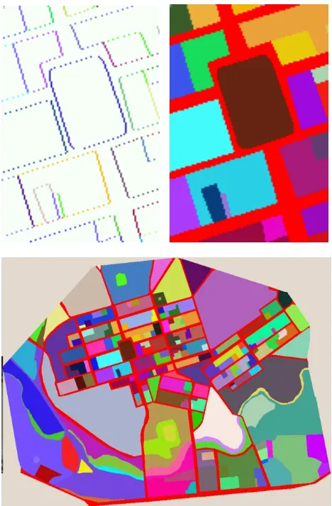 Fig. 8: Sparse boundary grid generated from the vector  dataset in Fig. 7 (left), and the resulting full area grid  after applying xor prefix (right) 