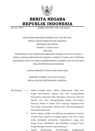 No.191, 2019 BERITA NEGARA REPUBLIK INDONESIA KEMEN ART-BPN. OTK ...