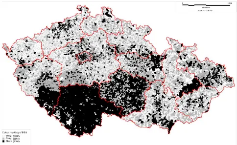 Figure 1. The indication map of white, grey and black places for basic settlement units (Czech Telecommunication Office, 2014)