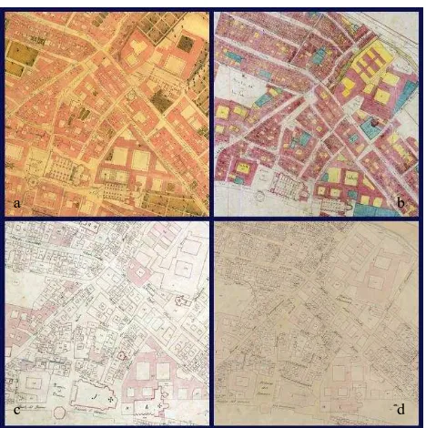 Figure 2. The four historical cadastres of Parma: a. Atlante Sardi, b. Catasto Borbonico, c