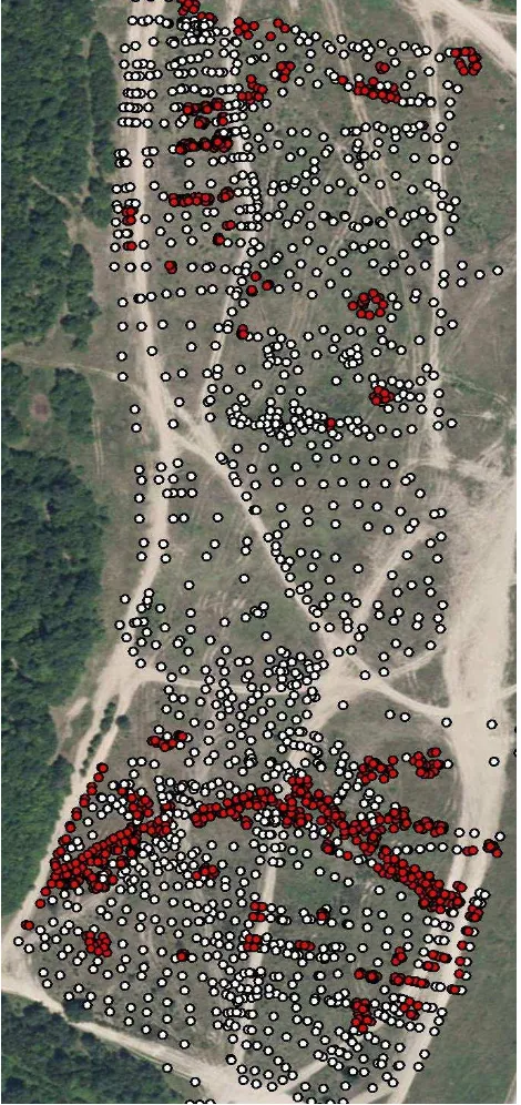 Figure 3. Distribution of control points in the Dědice area (red dots represent micro-relief objects) 