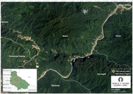 Gambar 1. Lokasi Penelitian di Geopark   Silokek, Kabupaten Sijunjung, Provinsi Sumatera Barat (sumber peta : Citra  Satelit Landsat 8 OLI) 
