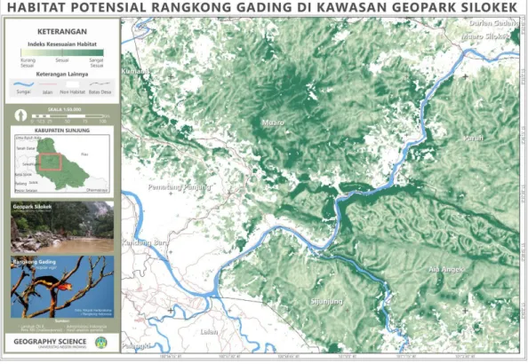 Gambar  3.  Peta  pemodelan  probabilitas  sebaran  habitat  yang  potensial  untuk  rangkong  gading  di  kawasan  Geopark    Silokek, Kabupaten Sijunjung 