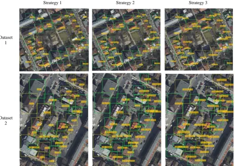 Figure 5. The Final results of buildings’ roofs detection and recognition based on three strategies for   two datasets 