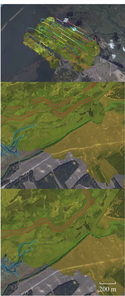 Figure 7. ﬂight path and extract from the projection before andafter correction, for ﬂight 2 (Lake Baikal region, Russia).