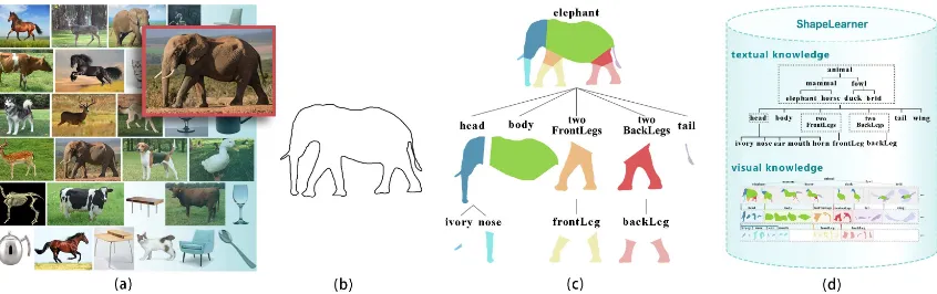 Figure 1: The proliferation of images on the Web (a) enables us to extract shapes to train ShapeLearner (b), a 2D shape learning systemthat acquires knowledge of shape families, geometrical instances of their inner parts and their inter-relations