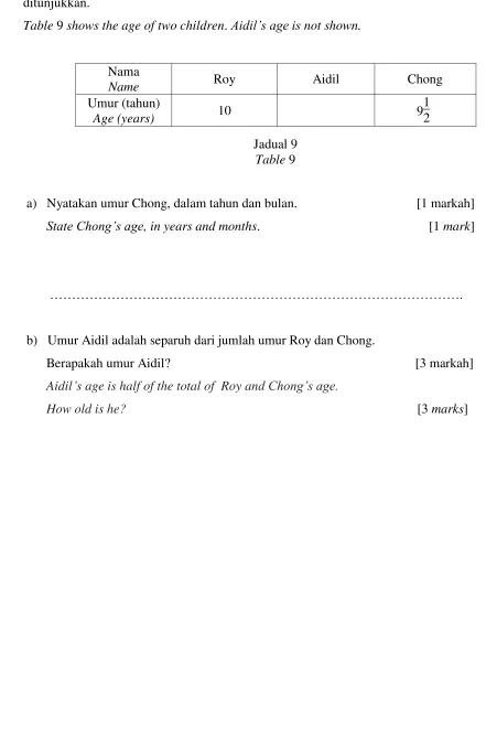 Table 9 shows the age of two children. Aidil’s age is not shown.