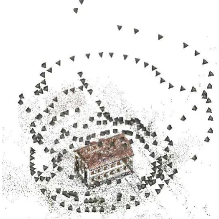 Figure 1. Orientation result of 208 images (presented as pyra-mids) showing a single building.