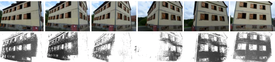 Figure 2. Six views on a building corner and the corresponding SGM outputs (depth maps)