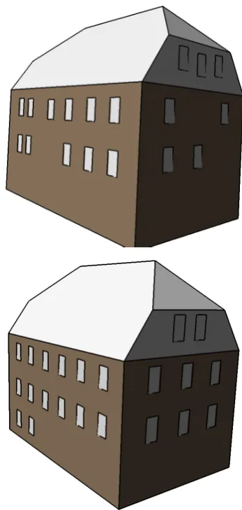Figure 5. LOD 2 building model. Surfaces of roof model and3D points in the same view with the model supporting points inyellow and others in green (top), and wireframe model of thesame building (below).