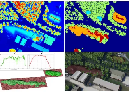 Figure 2: Detection and reconstruction of hills. Top left: Part ofthe DSM. Top right: Results of the tree detection byandponents recognized and non-recognized as hills are marked in or-ange and cyan color, respectively