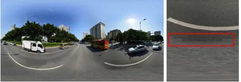 Figure 7.An illustration of obvious artifacts in a completedpanorama by just back-projecting the completed image region inthe ground perspective plane.