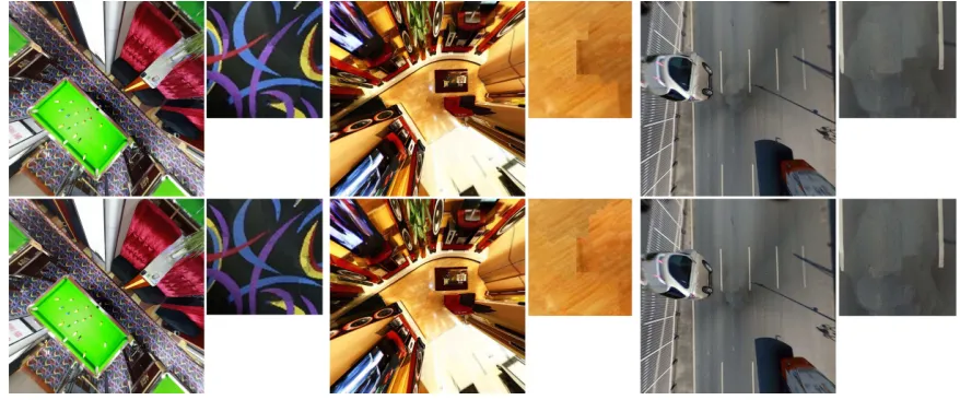 Figure 10. Comparative image completion results without applying a multi-band blending operation in the top row and with applyingit in the bottom row.