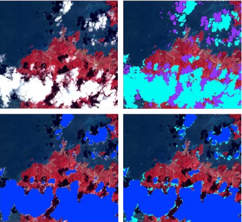 Figure 5.  (top left) Initial Pléiades-HR image, depicted here in a CIR mode. (top right) the outcomes of our method; in cyan, the detection of clouds and in violet, the detection of shadows