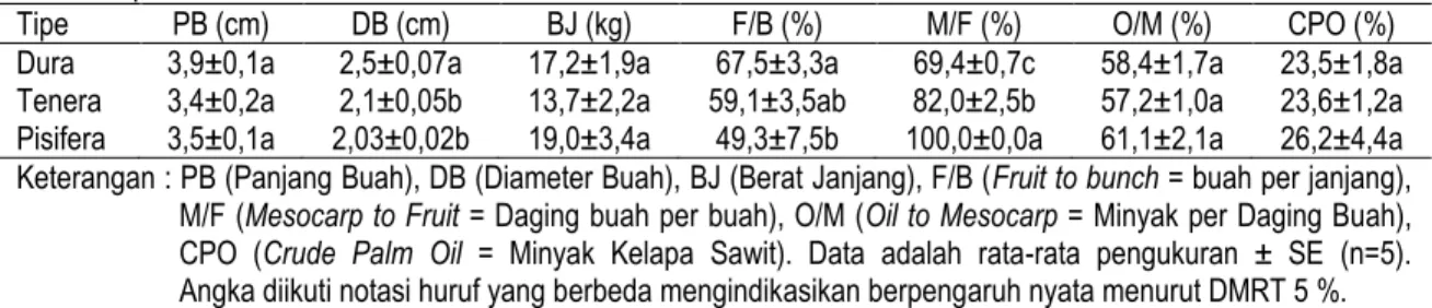 Tabel 5.  Karakterisitik  tandan  buah  segar  kelapa  sawit  yang  dihasilkan  dari  kelapa  sawit  tipe  dura,  tenera,  dan  pisifera 